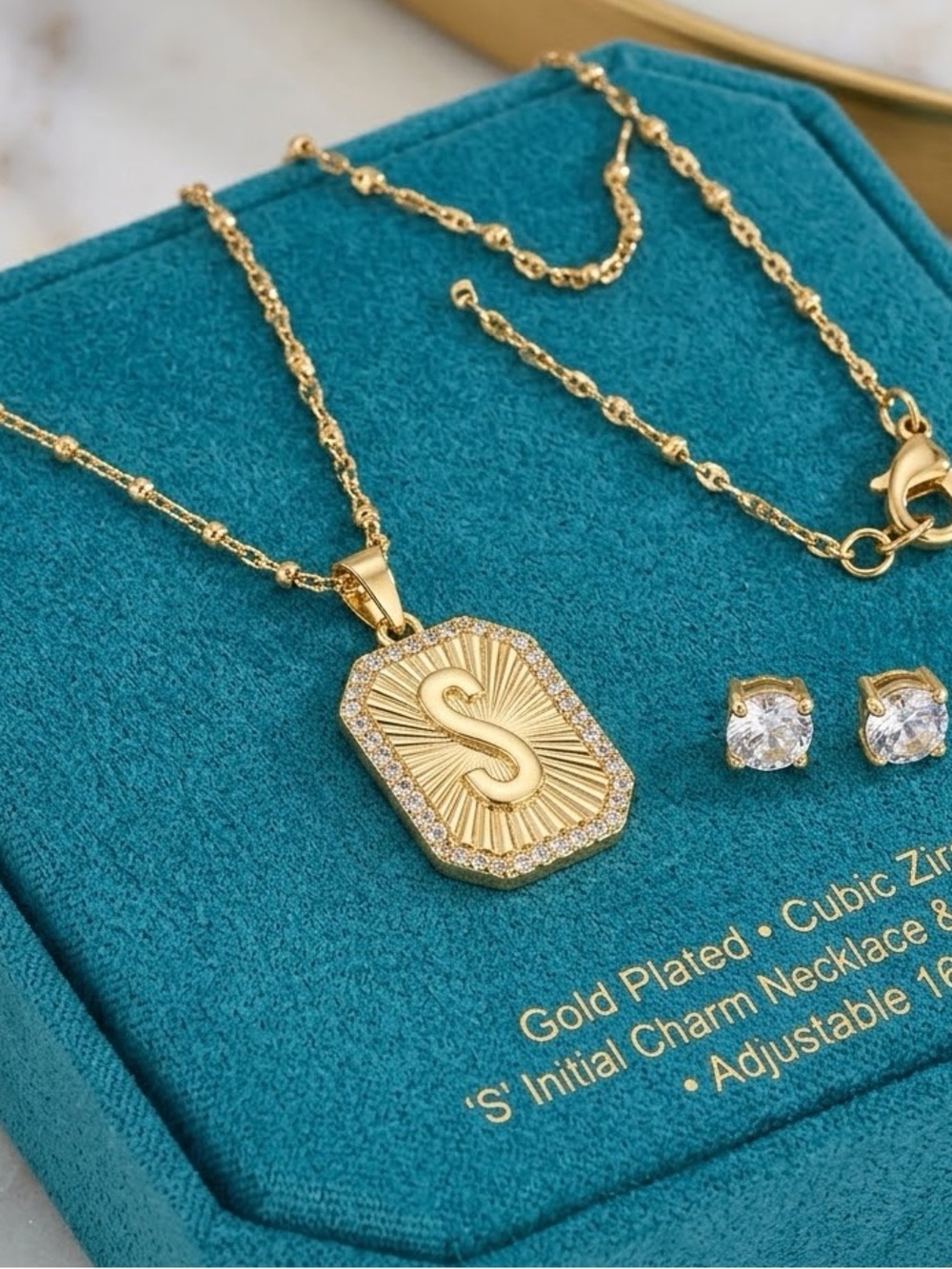 Sterling Silver 'S' Initial Pendant Necklace with Clear Stud Earrings - gold